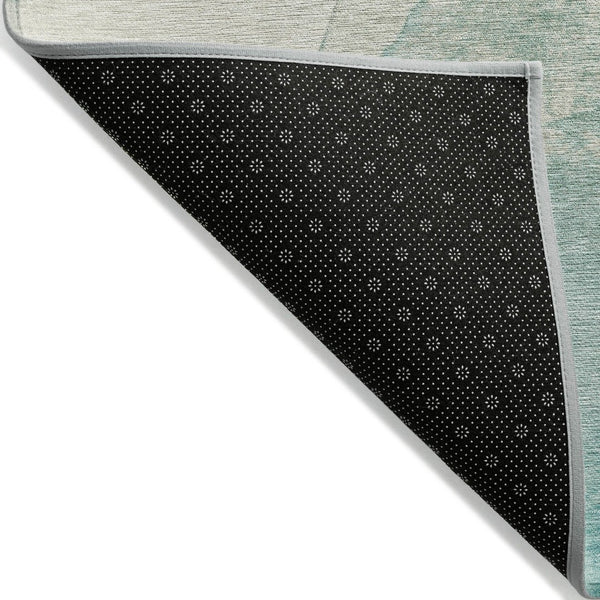HomeRoots 8' Round Abstract Washable Area Rug in Pearl Ivory Beige & Teal Blue – Perfect for Indoor/Outdoor Use! 621168