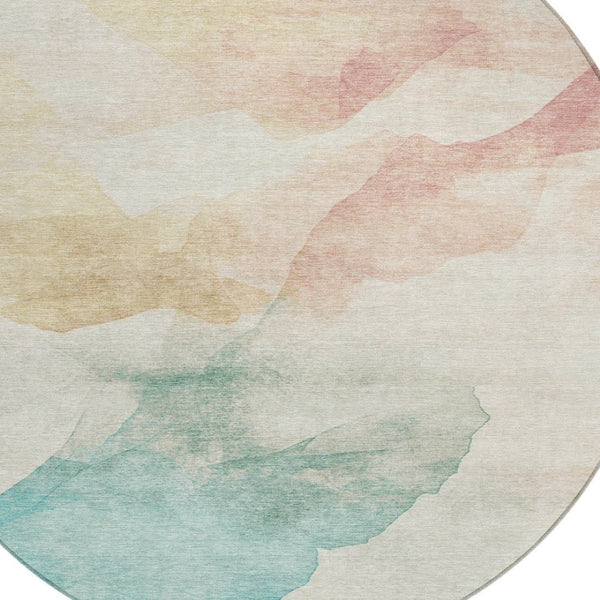 HomeRoots 8' Round Abstract Washable Area Rug in Pearl Ivory Beige & Teal Blue – Perfect for Indoor/Outdoor Use! 621168