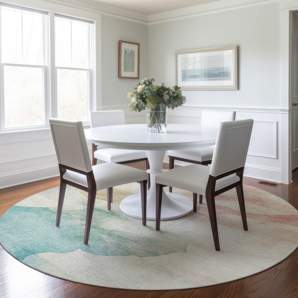 HomeRoots 8' Round Abstract Washable Area Rug in Pearl Ivory Beige & Teal Blue – Perfect for Indoor/Outdoor Use! 621168