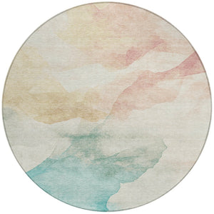HomeRoots 8' Round Abstract Washable Area Rug in Pearl Ivory Beige & Teal Blue – Perfect for Indoor/Outdoor Use! 621168