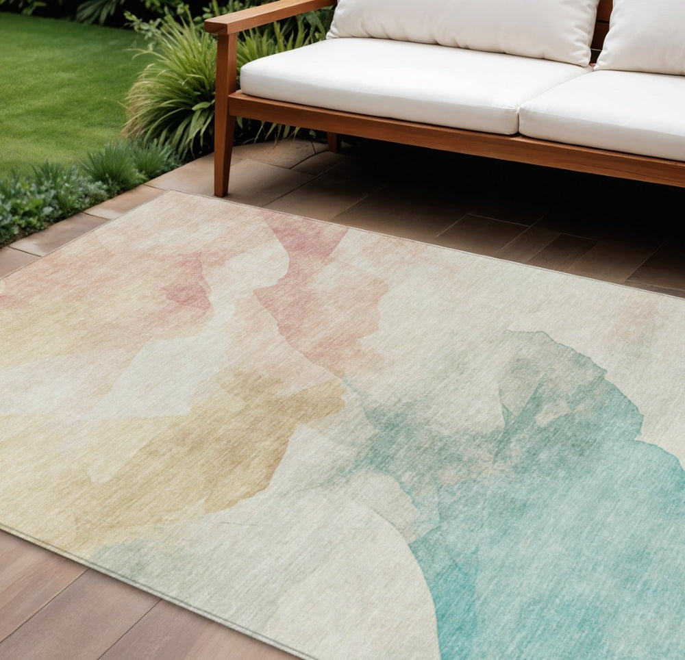 HomeRoots 8' X 10' Abstract Washable Area Rug in Pearl Ivory, Beige & Teal – Durable for Indoor & Outdoor Use 621169