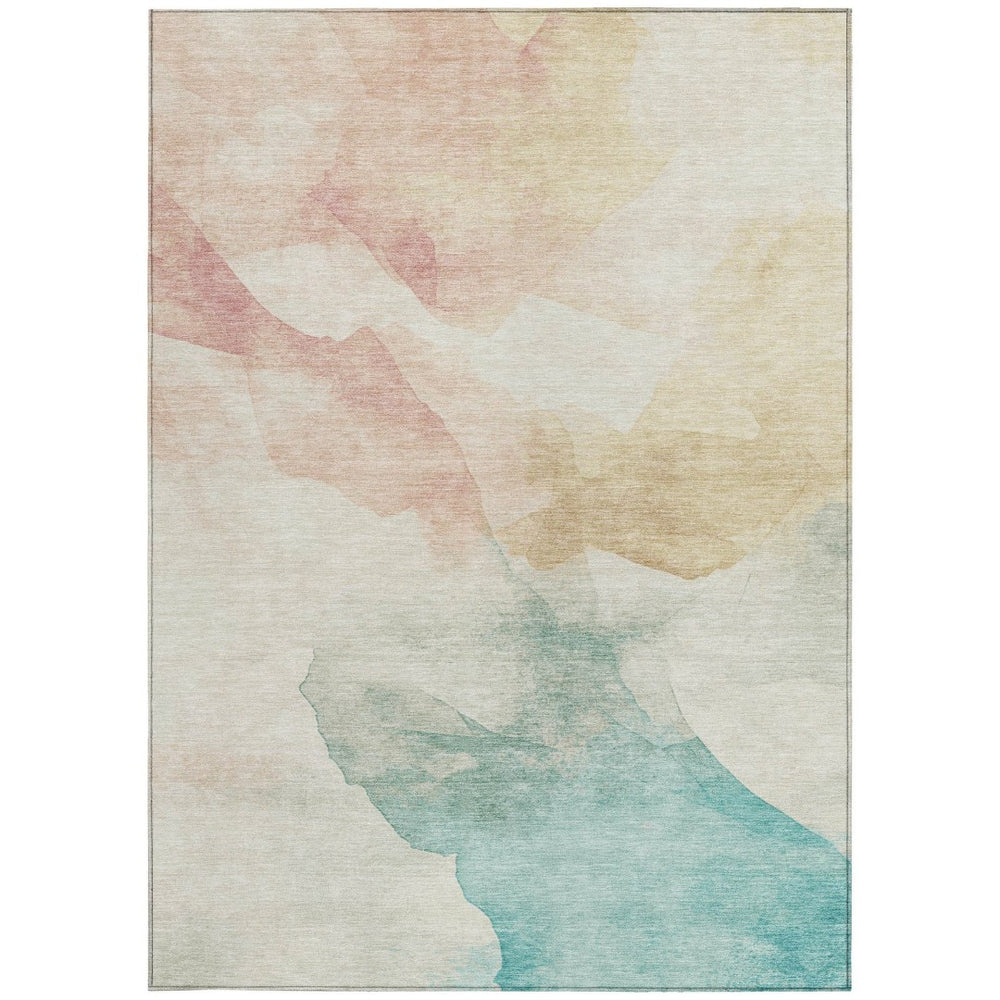 HomeRoots 8' X 10' Abstract Washable Area Rug in Pearl Ivory, Beige & Teal – Durable for Indoor & Outdoor Use 621169