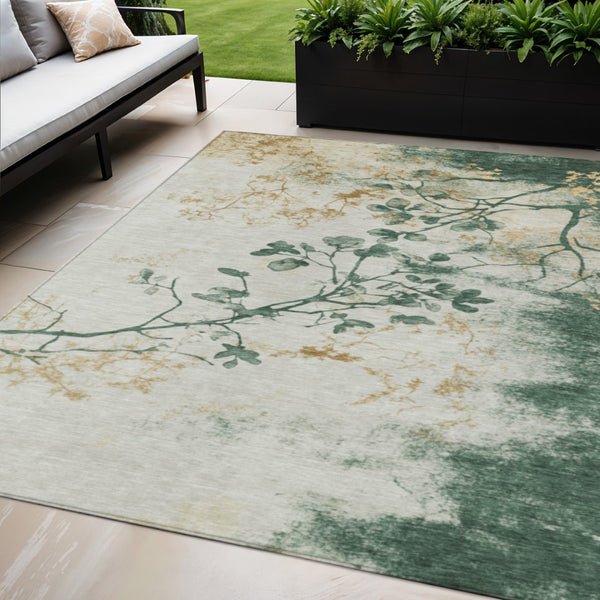 HomeRoots 5' Stylish Emerald Ivory Gold Floral Washable Area Rug for Indoor & Outdoor Spaces, Durable & Elegant 621173