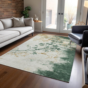 HomeRoots 5' Stylish Emerald Ivory Gold Floral Washable Area Rug for Indoor & Outdoor Spaces, Durable & Elegant 621173
