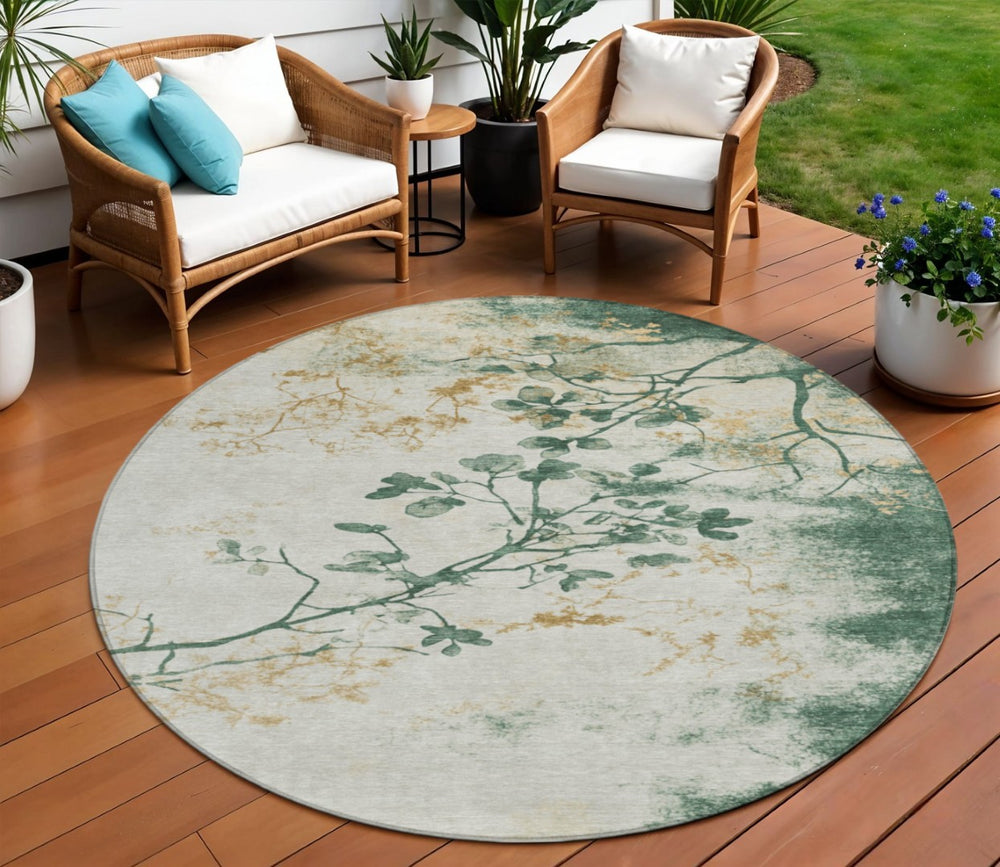 HomeRoots 8' Elegant Round Floral Area Rug in Emerald, Ivory & Gold - Washable for Indoor & Outdoor Use! 621174