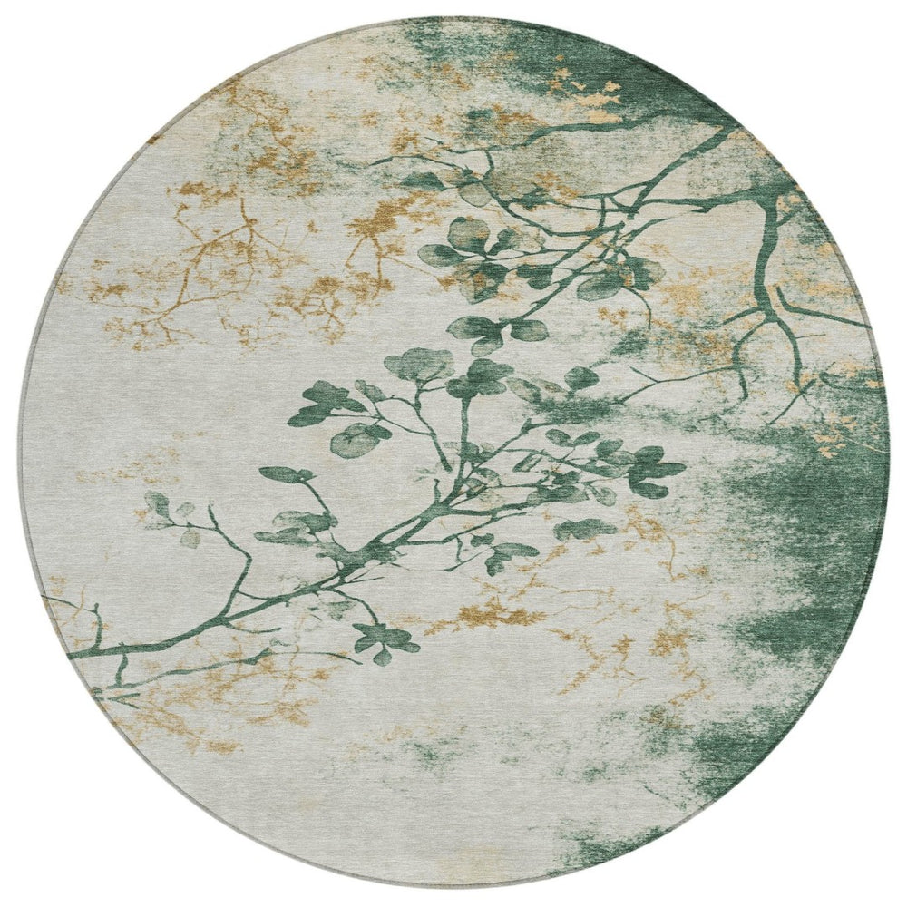 HomeRoots 8' Elegant Round Floral Area Rug in Emerald, Ivory & Gold - Washable for Indoor & Outdoor Use! 621174