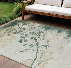 HomeRoots 8' X 10' Stylish Emerald, Ivory & Gold Floral Washable Area Rug for Indoor & Outdoor Spaces 621175