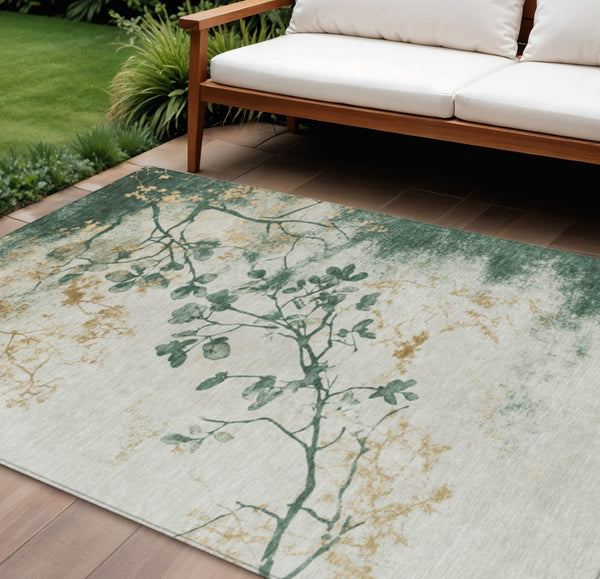HomeRoots 9' X 12' Elegant Floral Indoor Outdoor Area Rug in Emerald, Ivory & Gold – Washable & Durable! 621176