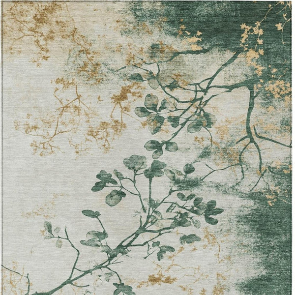HomeRoots 9' X 12' Elegant Floral Indoor Outdoor Area Rug in Emerald, Ivory & Gold – Washable & Durable! 621176