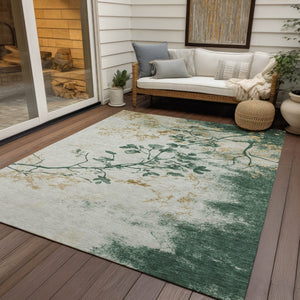 HomeRoots 10' X 14' Emerald Ivory Gold Floral Area Rug - Washable, Durable, Stylish for Indoor & Outdoor Use 621177