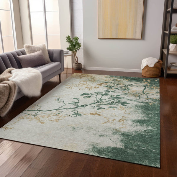 HomeRoots 10' X 14' Emerald Ivory Gold Floral Area Rug - Washable, Durable, Stylish for Indoor & Outdoor Use 621177