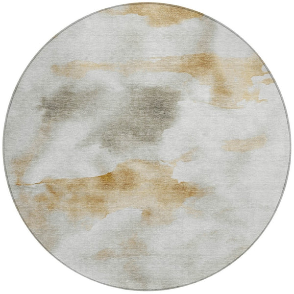 HomeRoots 8' Round Abstract Area Rug in Beige, Copper & Gray - Washable, Stain-Resistant for Indoor/Outdoor Use 621186
