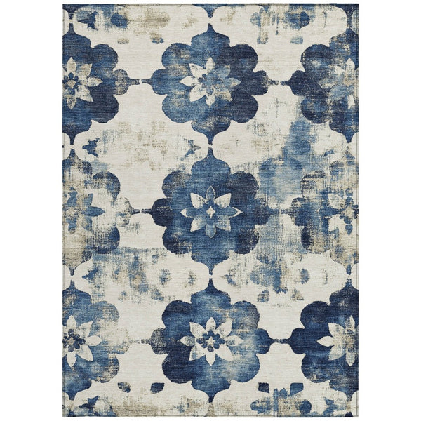 HomeRoots 5' X 8' Navy Blue Floral Area Rug - Washable, Stain-Resistant, Ideal for Indoor & Outdoor Spaces 621197