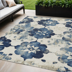 HomeRoots 5' X 8' Navy Blue Floral Area Rug - Washable, Stain-Resistant, Ideal for Indoor & Outdoor Spaces 621197