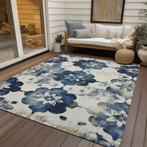 HomeRoots 5' X 8' Navy Blue Floral Area Rug - Washable, Stain-Resistant, Ideal for Indoor & Outdoor Spaces 621197