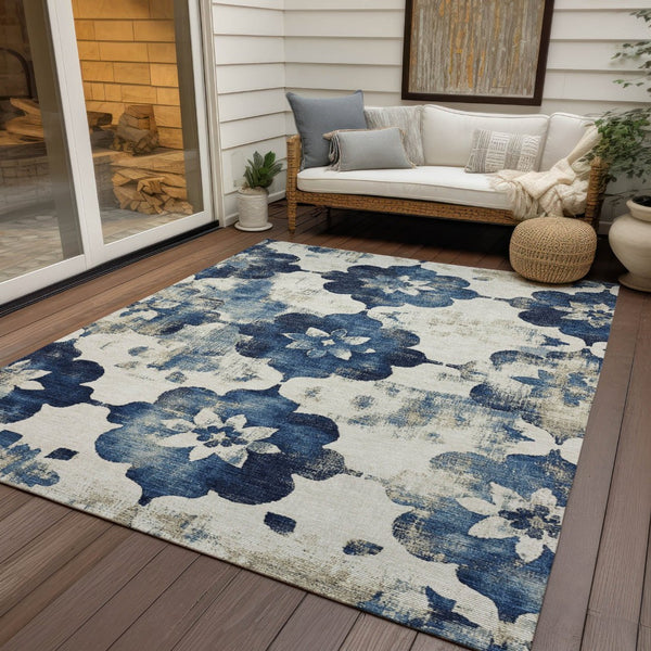 HomeRoots 5' X 8' Navy Blue Floral Area Rug - Washable, Stain-Resistant, Ideal for Indoor & Outdoor Spaces 621197