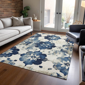 HomeRoots 5' X 8' Navy Blue Floral Area Rug - Washable, Stain-Resistant, Ideal for Indoor & Outdoor Spaces 621197
