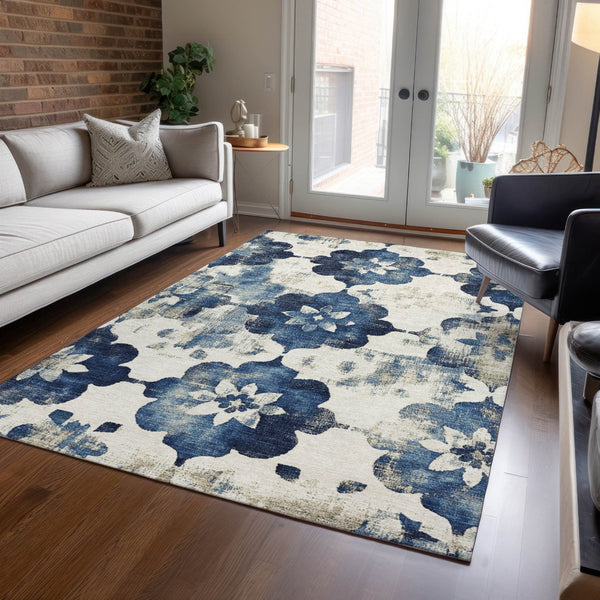 HomeRoots 5' X 8' Navy Blue Floral Area Rug - Washable, Stain-Resistant, Ideal for Indoor & Outdoor Spaces 621197