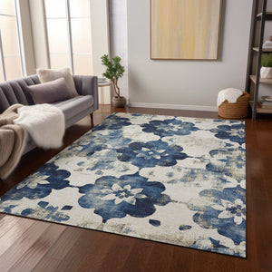 HomeRoots 5' X 8' Navy Blue Floral Area Rug - Washable, Stain-Resistant, Ideal for Indoor & Outdoor Spaces 621197