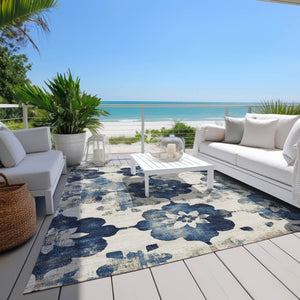 HomeRoots 5' X 8' Navy Blue Floral Area Rug - Washable, Stain-Resistant, Ideal for Indoor & Outdoor Spaces 621197