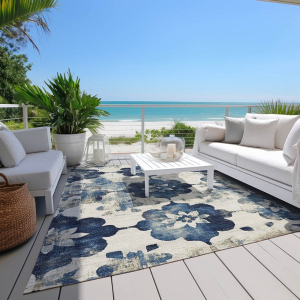 HomeRoots 5' X 8' Navy Blue Floral Area Rug - Washable, Stain-Resistant, Ideal for Indoor & Outdoor Spaces 621197