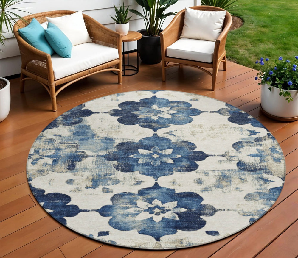 HomeRoots 8' Navy Blue Floral Washable Area Rug – Durable, Stylish Indoor/Outdoor Decor for High-Traffic Spaces 621198