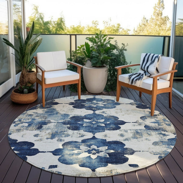 HomeRoots 8' Navy Blue Floral Washable Area Rug – Durable, Stylish Indoor/Outdoor Decor for High-Traffic Spaces 621198