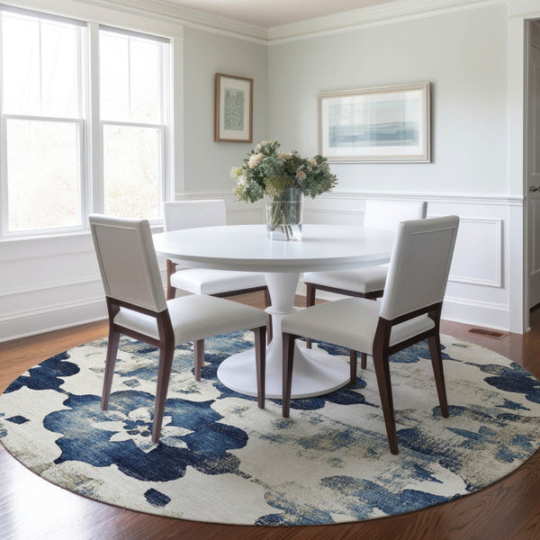 HomeRoots 8' Navy Blue Floral Washable Area Rug – Durable, Stylish Indoor/Outdoor Decor for High-Traffic Spaces 621198