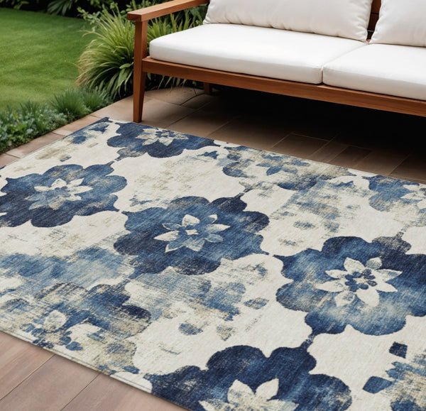 HomeRoots 9' X 12' Navy Blue Floral Area Rug – Stylish, Washable, Durable for Indoor & Outdoor Use, Easy Care! 621200