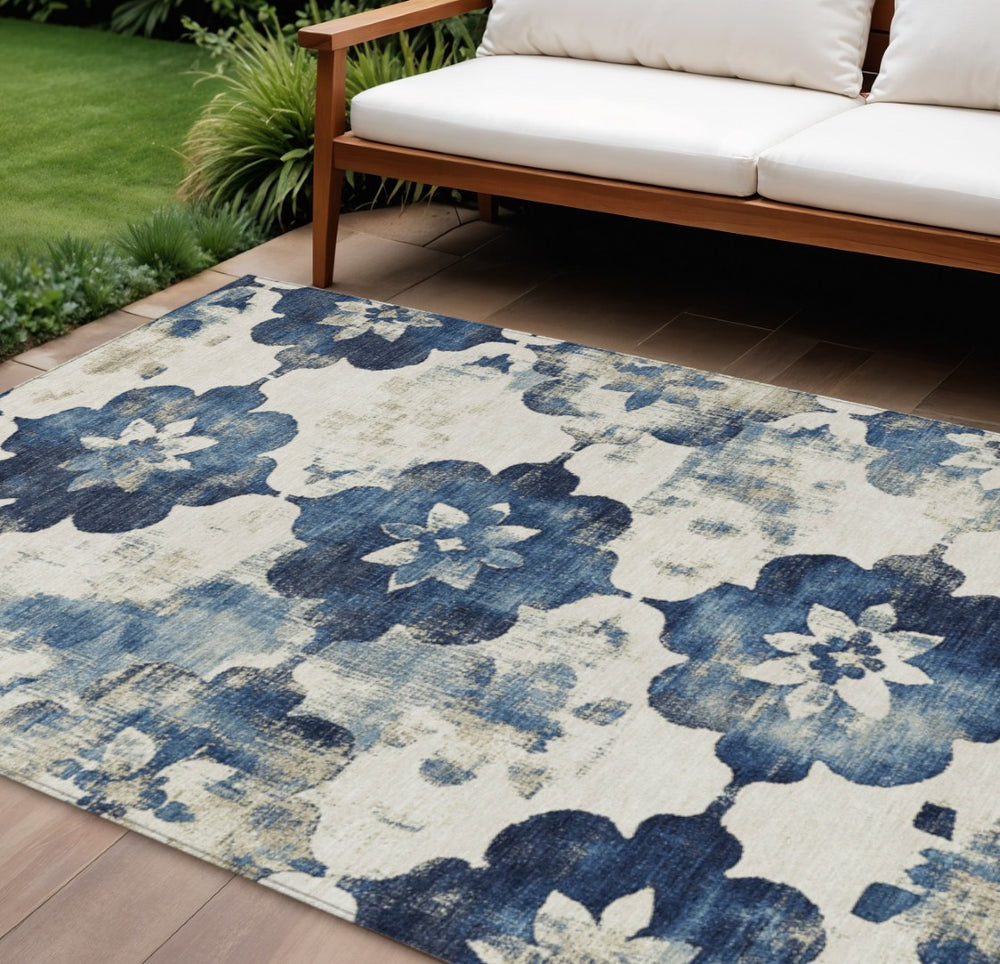 HomeRoots 10' Navy Blue and Ivory Floral Area Rug - Washable, Indoor/Outdoor, Durable, Stain-Resistant Design 621201