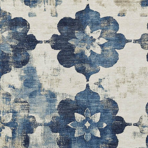 HomeRoots 10' Navy Blue and Ivory Floral Area Rug - Washable, Indoor/Outdoor, Durable, Stain-Resistant Design 621201