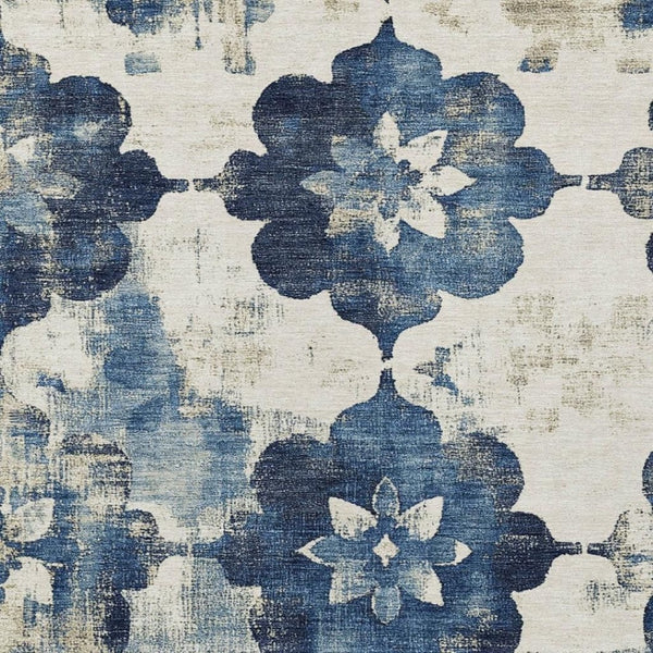 HomeRoots 10' Navy Blue and Ivory Floral Area Rug - Washable, Indoor/Outdoor, Durable, Stain-Resistant Design 621201