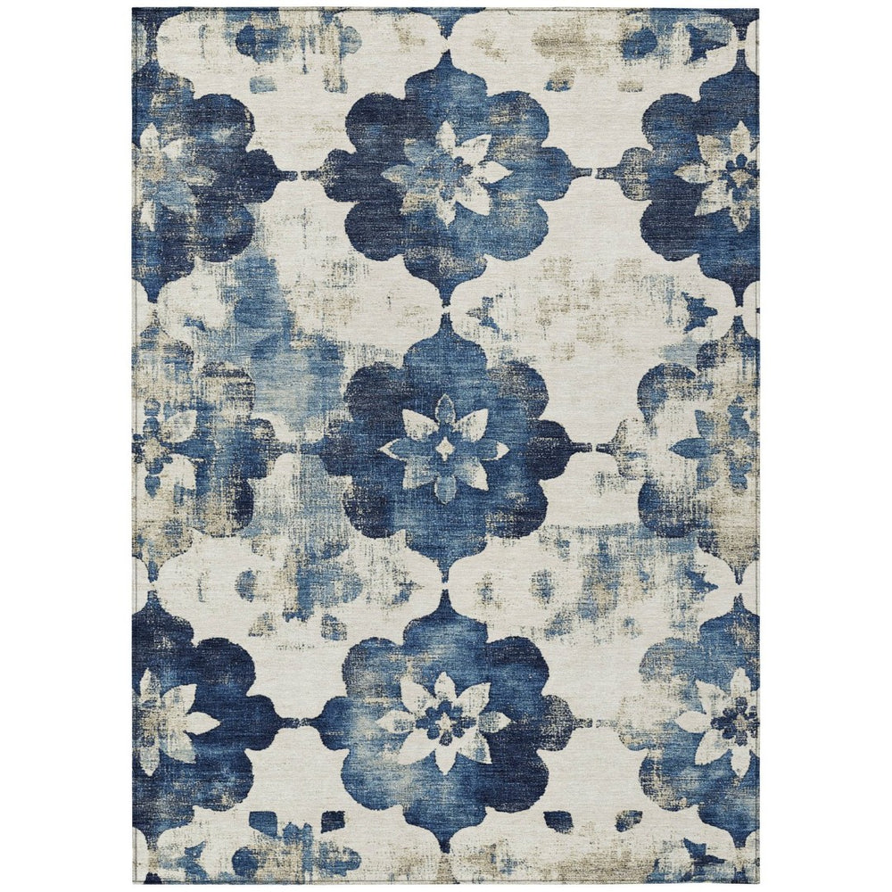HomeRoots 10' Navy Blue and Ivory Floral Area Rug - Washable, Indoor/Outdoor, Durable, Stain-Resistant Design 621201