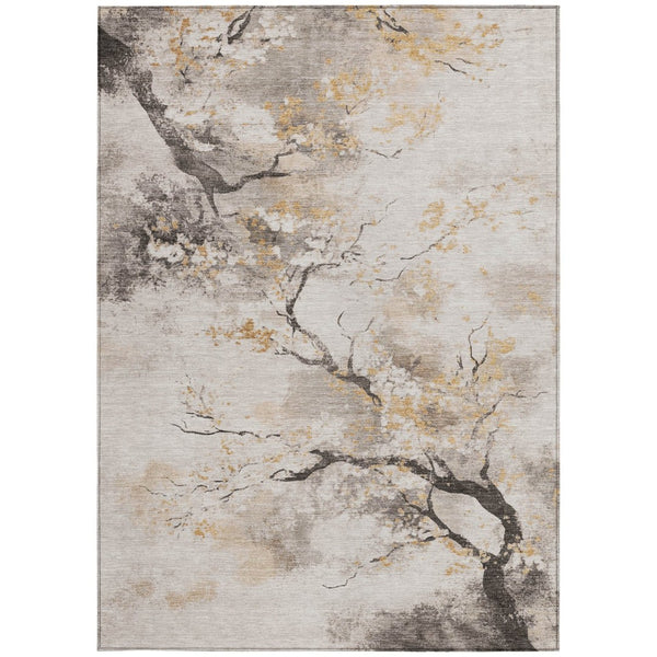 HomeRoots 5' Washable Beige and Charcoal Floral Indoor-Outdoor Area Rug - Durable, Stylish, Easy Care! 621209