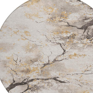HomeRoots 8' Beige Charcoal and Gold Round Floral Rug - Washable, Durable for Indoor/Outdoor Spaces! 621210