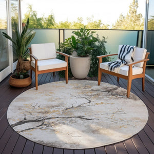 HomeRoots 8' Beige Charcoal and Gold Round Floral Rug - Washable, Durable for Indoor/Outdoor Spaces! 621210