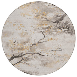 HomeRoots 8' Beige Charcoal and Gold Round Floral Rug - Washable, Durable for Indoor/Outdoor Spaces! 621210