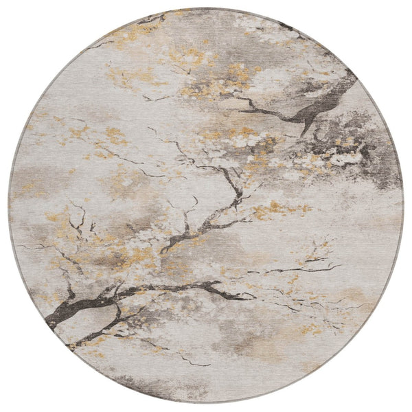 HomeRoots 8' Beige Charcoal and Gold Round Floral Rug - Washable, Durable for Indoor/Outdoor Spaces! 621210