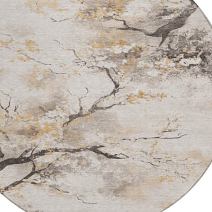 HomeRoots 8' Beige Charcoal and Gold Round Floral Rug - Washable, Durable for Indoor/Outdoor Spaces! 621210