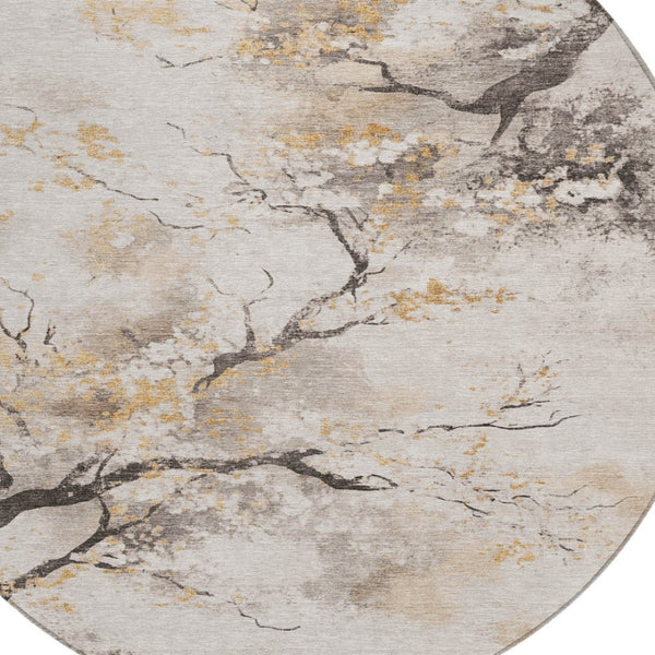HomeRoots 8' Beige Charcoal and Gold Round Floral Rug - Washable, Durable for Indoor/Outdoor Spaces! 621210