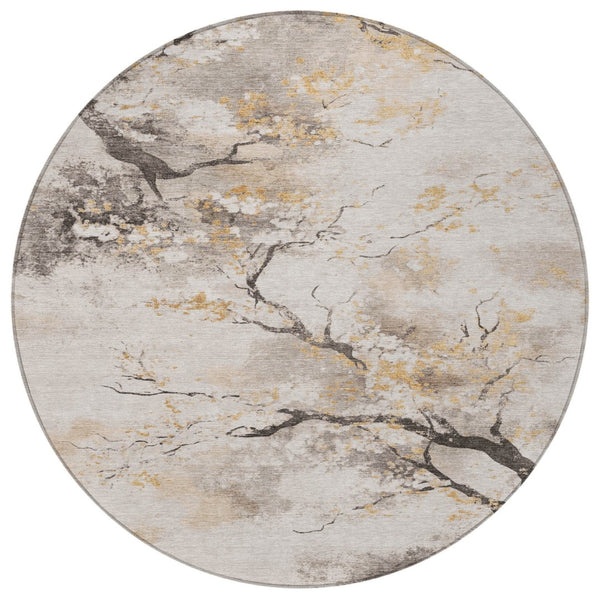 HomeRoots 8' Beige Charcoal and Gold Round Floral Rug - Washable, Durable for Indoor/Outdoor Spaces! 621210