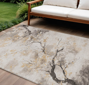 HomeRoots 10' X 14' Beige Charcoal Gold Floral Washable Rug - Durable, Stylish for Indoor & Outdoor Spaces! 621213