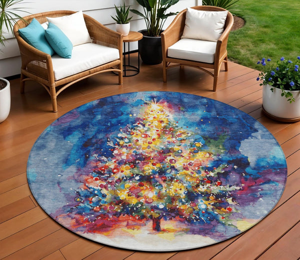 HomeRoots 8' Vibrant Navy Blue, Gold, Red & Purple Round Abstract Area Rug - Washable & Durable for Indoors/Outdoors 621222