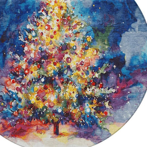 HomeRoots 8' Vibrant Navy Blue, Gold, Red & Purple Round Abstract Area Rug - Washable & Durable for Indoors/Outdoors 621222