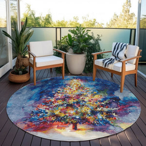 HomeRoots 8' Vibrant Navy Blue, Gold, Red & Purple Round Abstract Area Rug - Washable & Durable for Indoors/Outdoors 621222