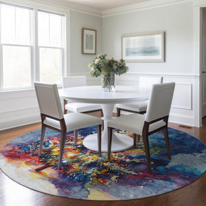 HomeRoots 8' Vibrant Navy Blue, Gold, Red & Purple Round Abstract Area Rug - Washable & Durable for Indoors/Outdoors 621222
