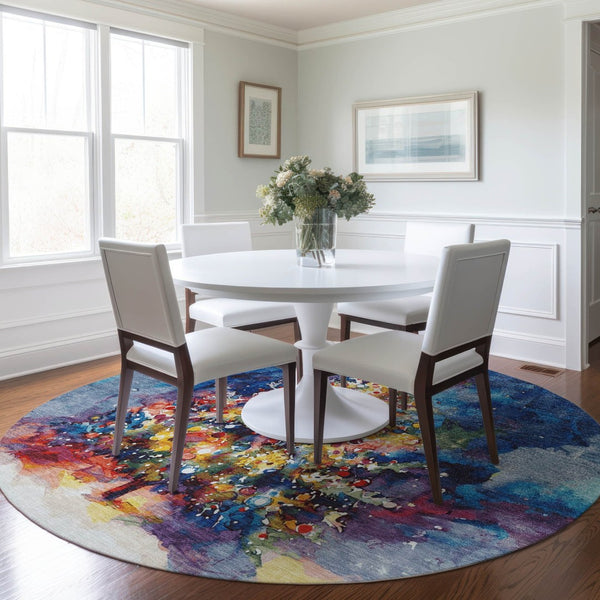 HomeRoots 8' Vibrant Navy Blue, Gold, Red & Purple Round Abstract Area Rug - Washable & Durable for Indoors/Outdoors 621222