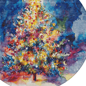 HomeRoots 8' Vibrant Navy Blue, Gold, Red & Purple Round Abstract Area Rug - Washable & Durable for Indoors/Outdoors 621222