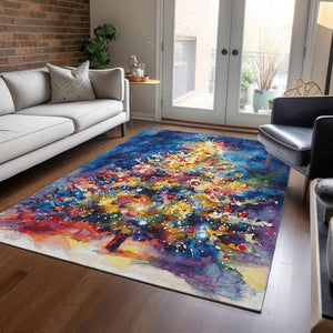 HomeRoots 8' X 10' Washable Abstract Area Rug in Navy, Gold, Red & Purple - Durable, Stylish for Indoor/Outdoor Use 621223