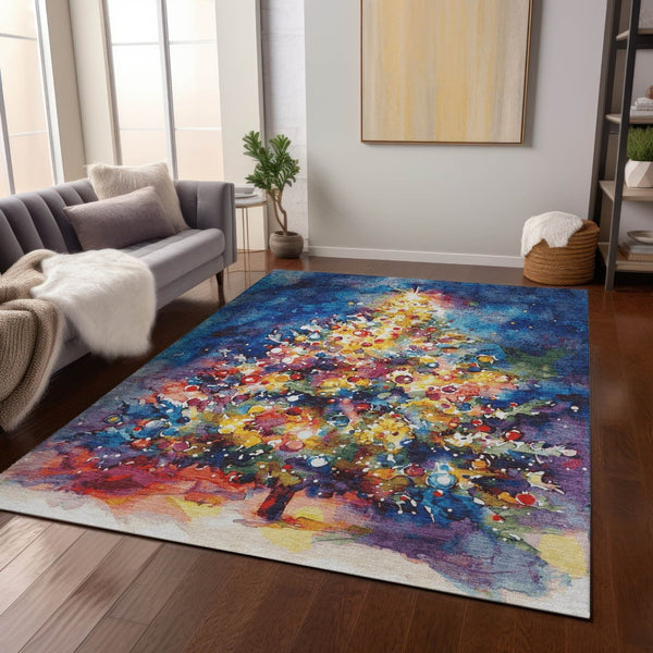 HomeRoots 8' X 10' Washable Abstract Area Rug in Navy, Gold, Red & Purple - Durable, Stylish for Indoor/Outdoor Use 621223